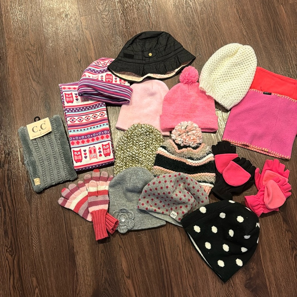 Girls Winter Bundle! 9 Hats, 3 Gaiters, 3 Gloves, 1 Scarf, 1 Rain Hat